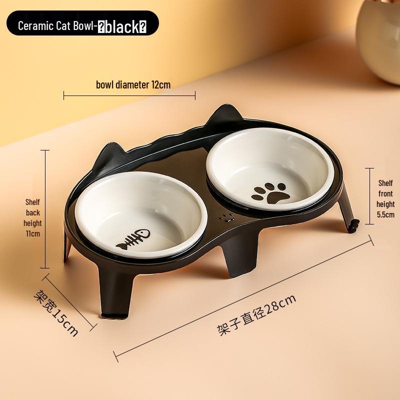 Ceramic Cat Food & Water Bowl with Slanted Design - Protects Cervical Spine, Anti-Tipping, Double Bowl for Feeding & Drinking