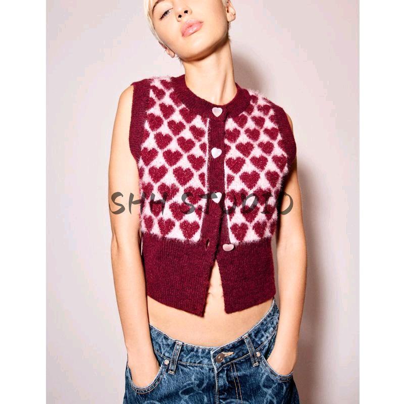 Spring New Women's Clothing Sweet Heart Pattern Jacquard Sleeveless round Neck Knitting Vest 4331017
