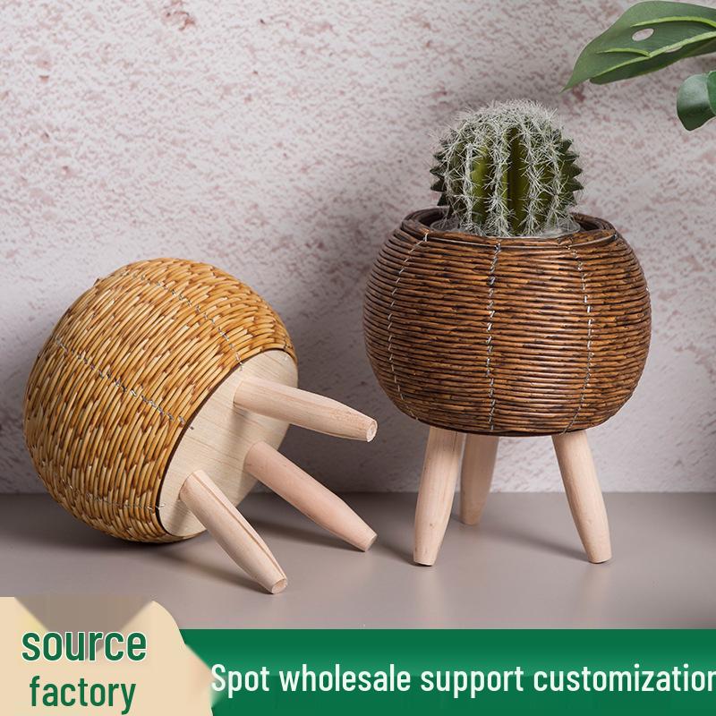 Indoor Faux Rattan Triangular Flower Stand - Creative Succulent Holder, Desktop Straw Woven Pot.