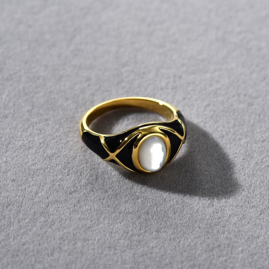 Unique Personality Black Drop Glaze High-Grade Metal Copper Plated 18K Real Gold Inlaid White Shell Ring Fashion Temperament Ring