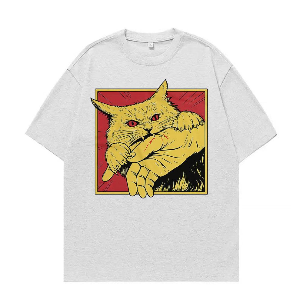 Angry Cat Biting Hand Funny Meme Tee Shirt Unisex Fashion Vintage Oversized T Shirt Men Summer Tops High Quality Cotton Tshirts
