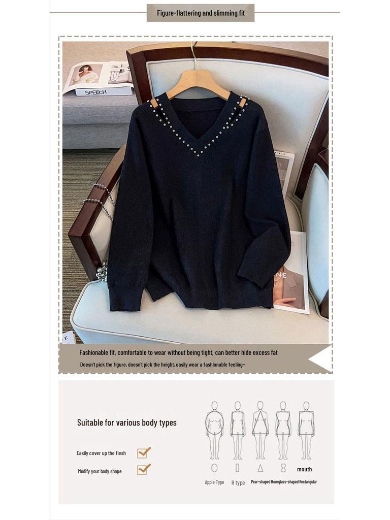 Plus Size V-Neck Loose Fit Long-Sleeve Knitted Sweater, Mid-Length, Slimming Design 200/300/350 Jin - Style 8097