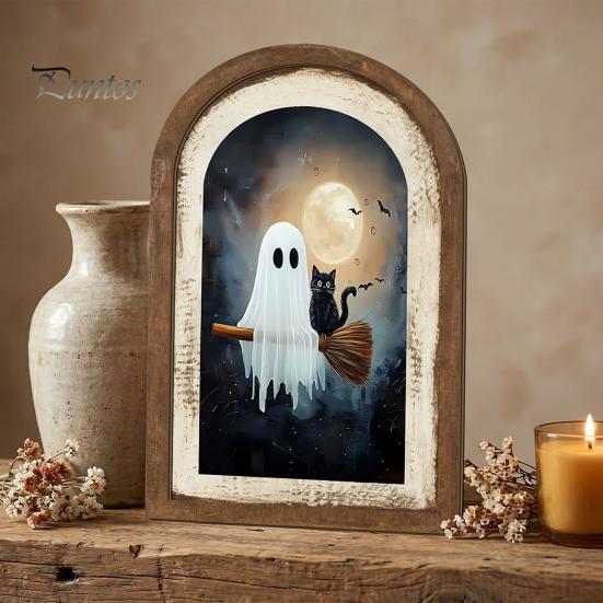Cute Ghost Arch Shaped Sign Halloween Wall Decor, Table Sign, Vintage Framed Fall Season Decorative Accent Picture, Art for Mantel Living Room Bedroom