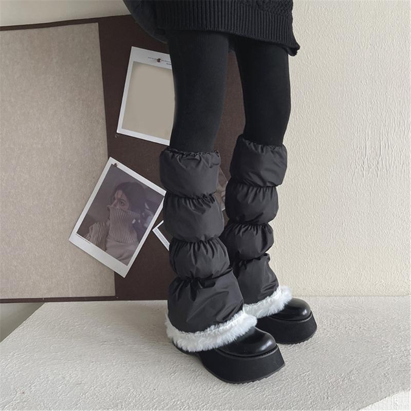 Women's Insulated Thermal Padded Puffer Leg Warmers Outdoor Cold Weather Plush Hem Quilted Boot Covers Gaiters Socks