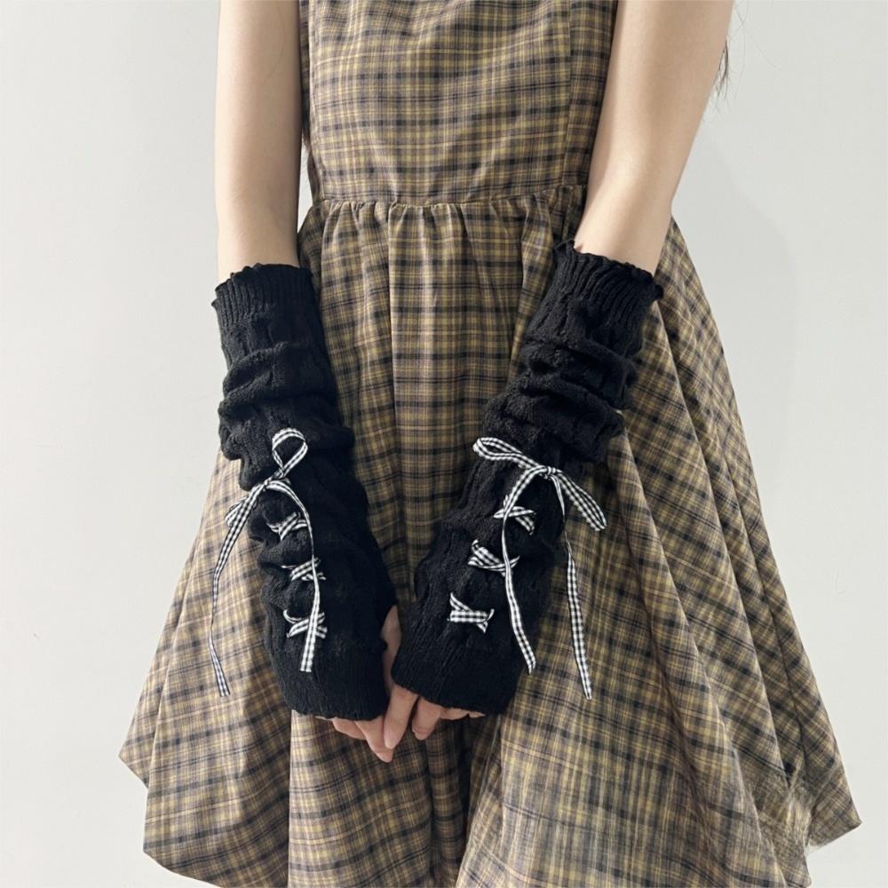 New Long Arm Warmer Gloves Knitted Cold Proof Warm Arm Sleeve with Ribbon Fingerless Gloves Women