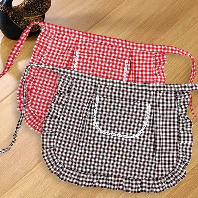 Apron Square Check Half Waist Apron Cotton Material Stain Resistant Breathable Home Cooking Work Clothes Kitchen Accessories