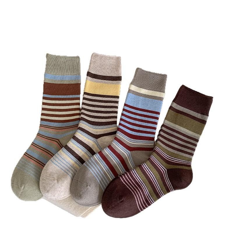 Retro Color-blocking Striped Mid-calf Socks for Women, Breathable Autumn and Winter Pile Socks