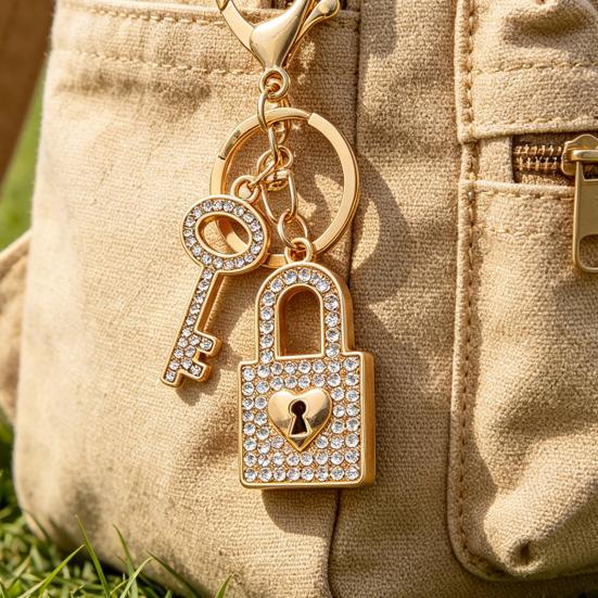 Keychain Pendant Rhinestones Inlaid Concentric Lock Design Couple Key Chain with Anti-Oxidation Lobster Clasp Backpacks Accessory