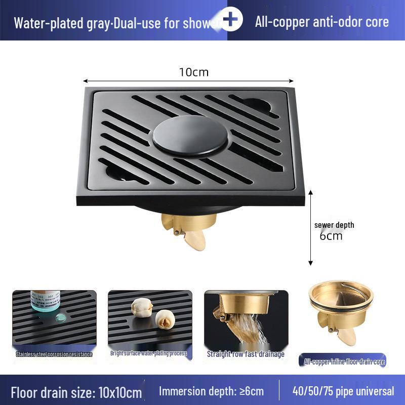 Gunmetal Gray 304 Stainless Steel Odor-Resistant Floor Drain with Copper Core for Shower & Washing Machine.