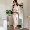 Elegant Knitted Dress For Women Fall Winter New Warm Half Turtlenck Off Shoulder Long Sleeve Sashes Bow Wrap Hip Sweatrer Robe Femme