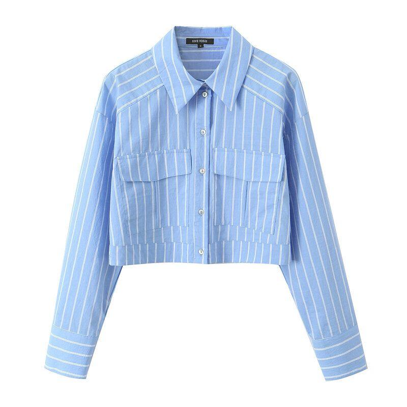

Fashion 2024 Spring New Arrival Women s Clothing Silm Lapel Long Sleeves Easiest for Match Striped Short Style Shirt 2298085 044 Blue M