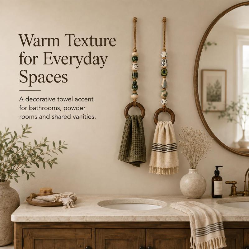 Decorative Beaded Towel Hanger With Wooden Ring Practical Design, Portable For Bathroom Kitchen