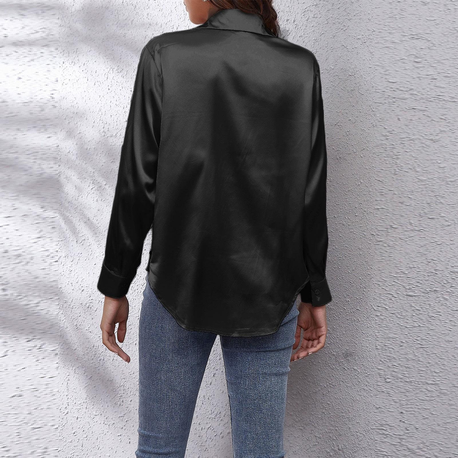 Женская модная однотонная атласная шелковая рубашка с длинными рукавами — фото 6