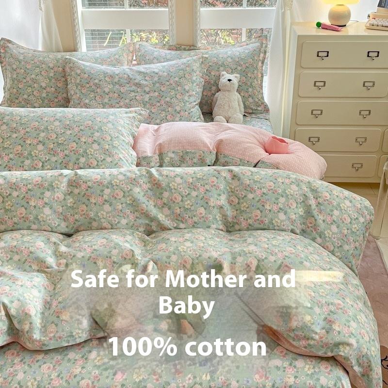 100% Cotton Bed Four-piece Set Skin-friendly Breathable Quilt Cover Bed Sheet Pillowcase Set Pastoral Small Flower