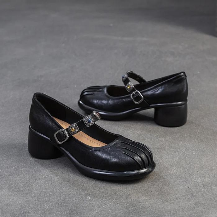 Johnature Lolita Genuine Leather Shoes Sweet Round Toe Thick Heel Wrinkled Women's Shoes