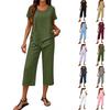 Women's Casual Two Piece Set Short Sleeve Round Neck Top with Layered Hem and Cropped Wide Leg Pants Comfortable Lounge Outfit