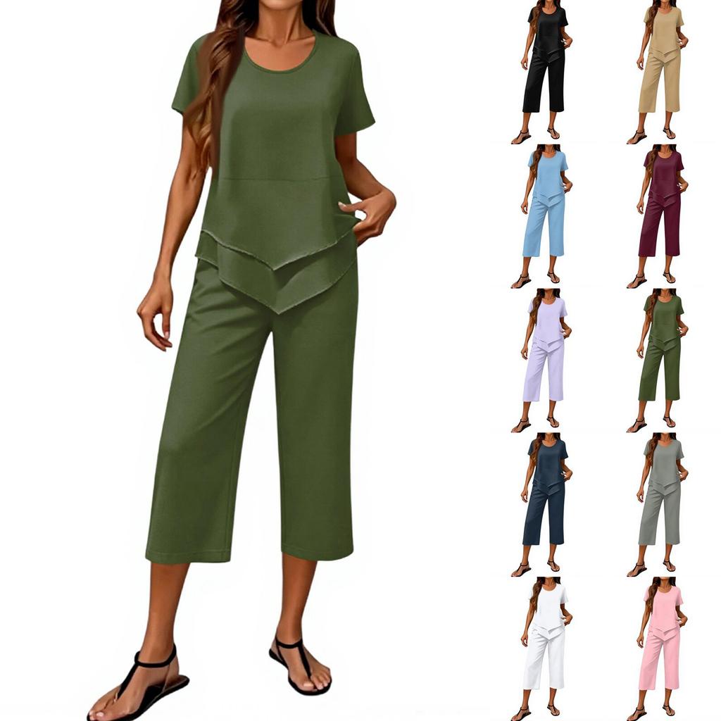 Women's Casual Two Piece Set Short Sleeve Round Neck Top with Layered Hem and Cropped Wide Leg Pants Comfortable Lounge Outfit