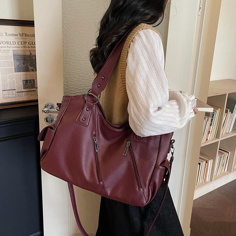 Faux Leather Tote Bag for Women Fashion Shoulder Handbag with Zipper Pockets and Adjustable Strap