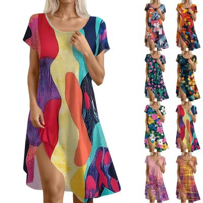 Kurzärmeliges Boho-Kleid für Damen, lässig, lockere Passform, Sommerkleid mit Blumendruck und Taschen