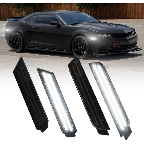 AUTOONE LED Side Marker Lights White Compatible With 5Th Gen Chevrolet Camaro 2010-2015, Front & Rear Fender Side Markers, Smoked Lens Driver &