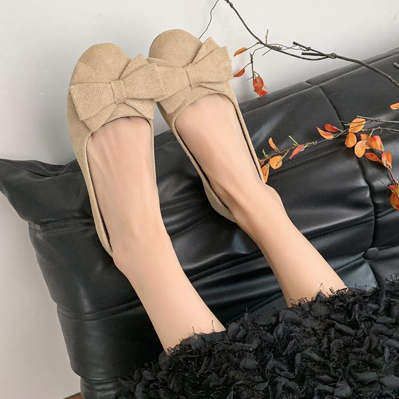 Large size flat-bottomed casual single shoes for women's new suede bow round head beanie shoes for women