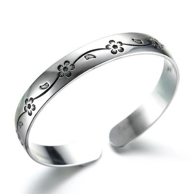 Plum Blossom Retro Thai Silver Open Bracelet for Women
