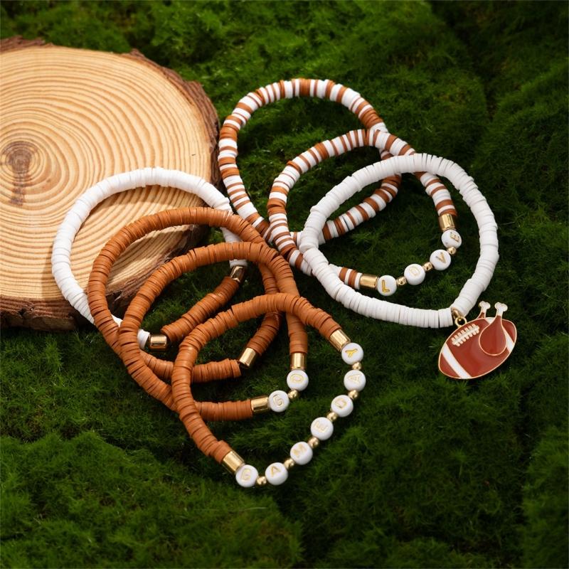 Versatile Unisex Football Charm Letter Beaded Bracelet Elastic Band Handchain for Everyday Wear Street Hand Jewelry