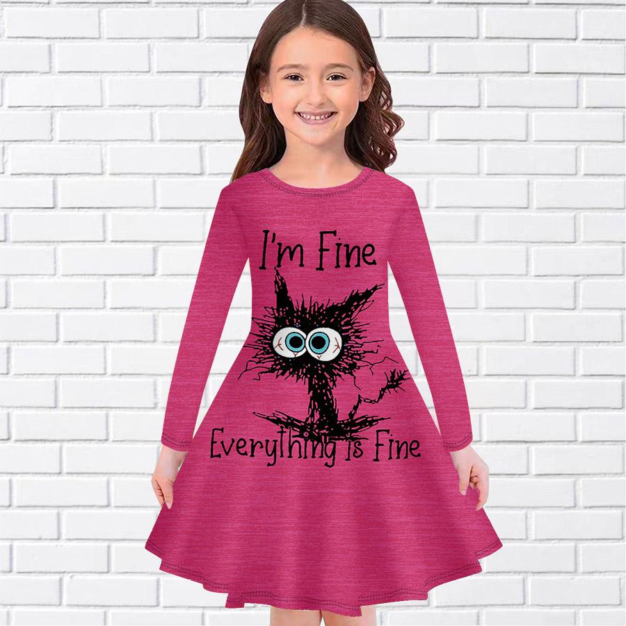 Girl Casual Stupid Cat Print Round Neck Long Sleeve Dress Kid Princess Dress
