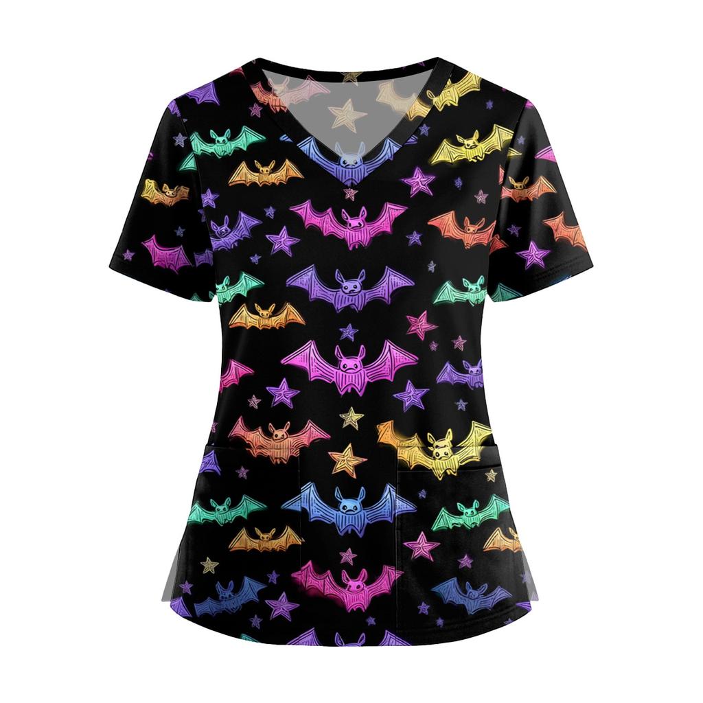 Damenmode V-Ausschnitt Kurzarm Overalls mit Taschen Print Tops Kleidung