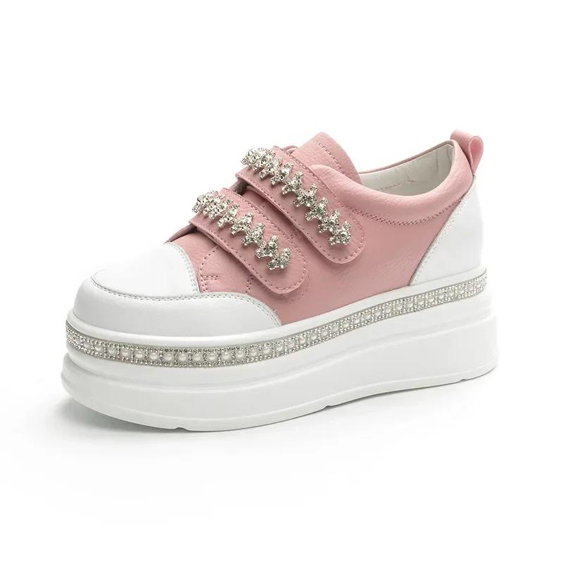 

Модные Высококачественные 7см Скейтборд Вулканизированные Массивные Ботильоны Блинг Платформа Клин Кроссовки Коровья Натуральная Кожа Дышащие женские Туфли 34 розовый