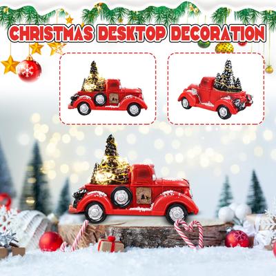 TruckChristmas CenterpieceRed Truck Christmas Desktop Decorations Ornaments Classic Car Resin