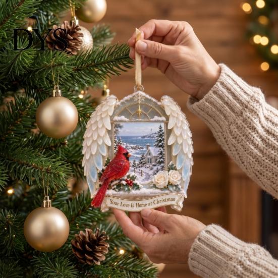 Christmas Tree Hanging Supplies Red Birds Ornament, 2D Acrylic Bird Decoration Memorial Keepsake Gift with Angel Wings, Holiday Pendant for Home Decor