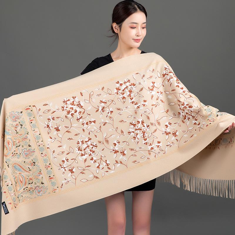 Women's Bright Red Embroidered Cashmere Cape Shawl for Autumn and Winter 2023