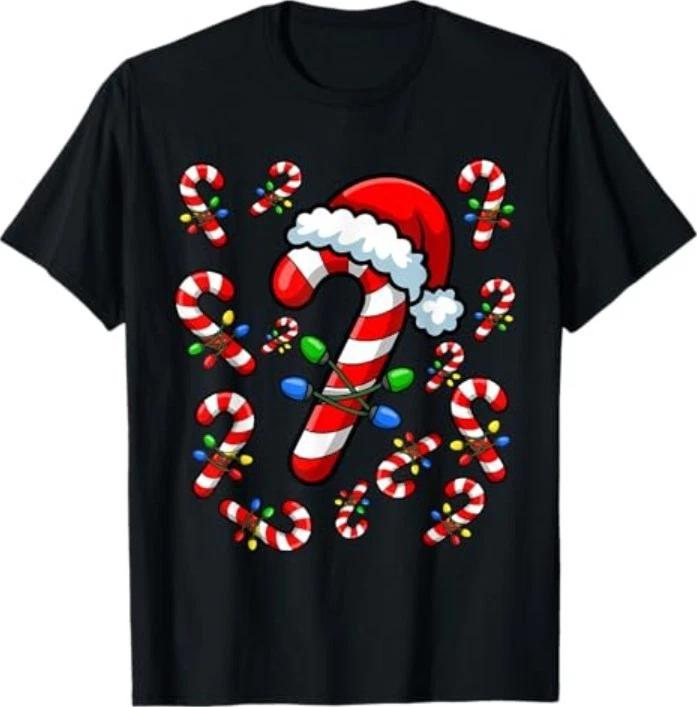 Red and White Candy Cane Santa Christmas Xmas Lights T-Shirt 2XL