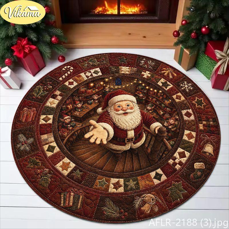 3D Visual Deep-Pile Santa Claus Rug, Retro Patchwork Washable Non-Slip Living Room Carpet, Christmas Home Decor, Xmas Gift Idea