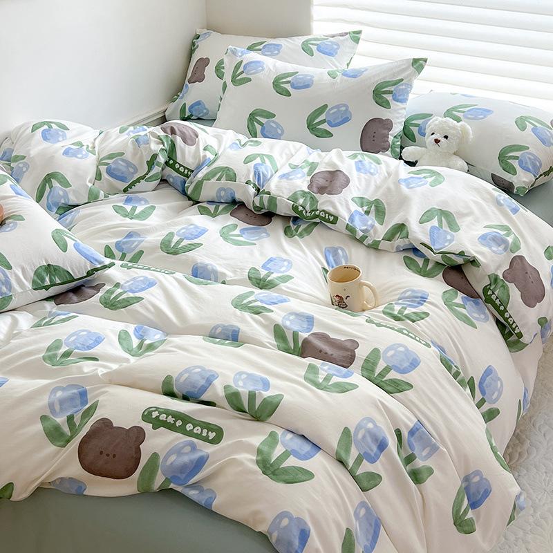 Class A maternal and infant grade super soft washed cotton bed sheet 4pcs set bed hat quilt cover student dormitory single