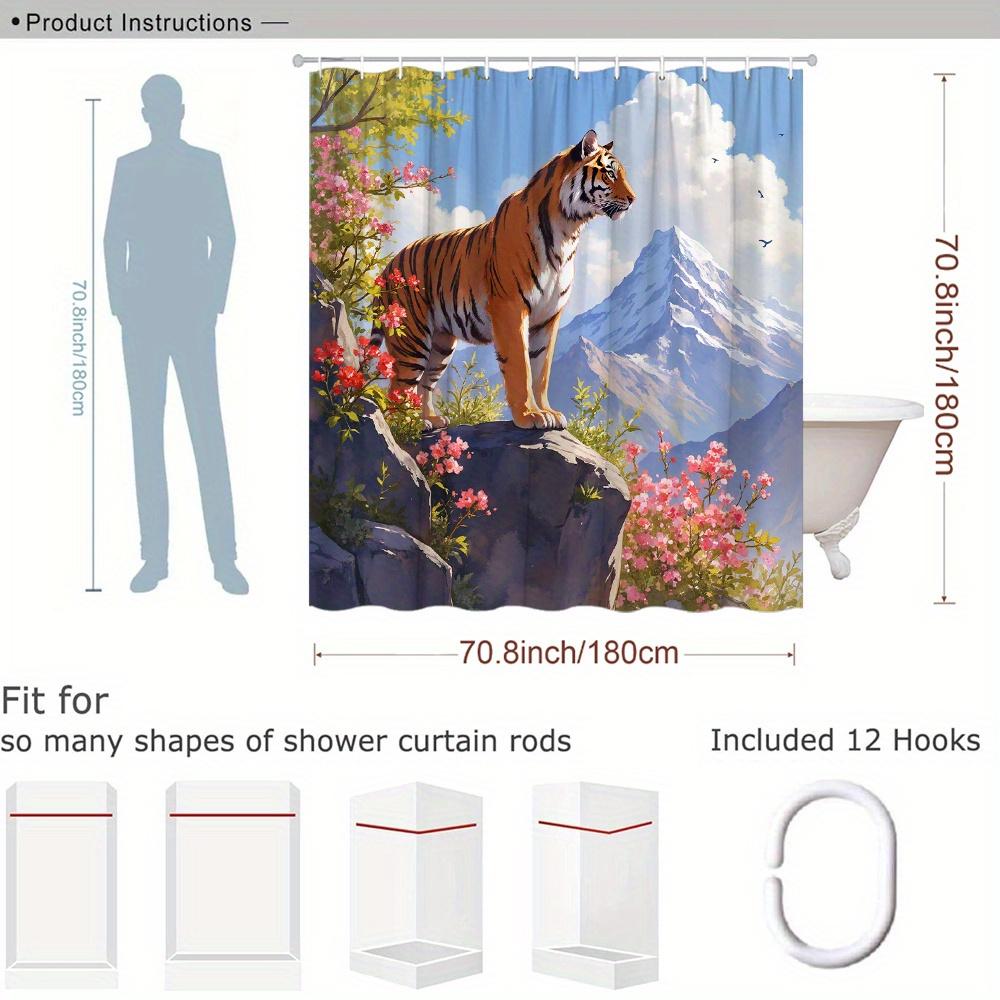 Bengal Tiger Shower Curtain Mountain Landscape Print With Flowers Polyester Bath Curtain With Hooks For Nature Decor
