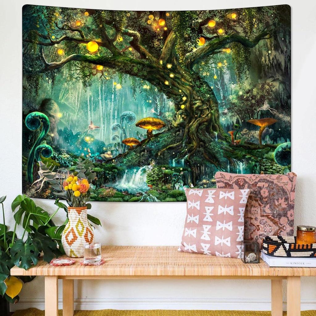 YEXIT Fairy Tales Magical Forest Tapestry, Nature Tree of Life with Elves Landscape Tapestry Wall Hanging for Living Room BedRoom Decoration Green