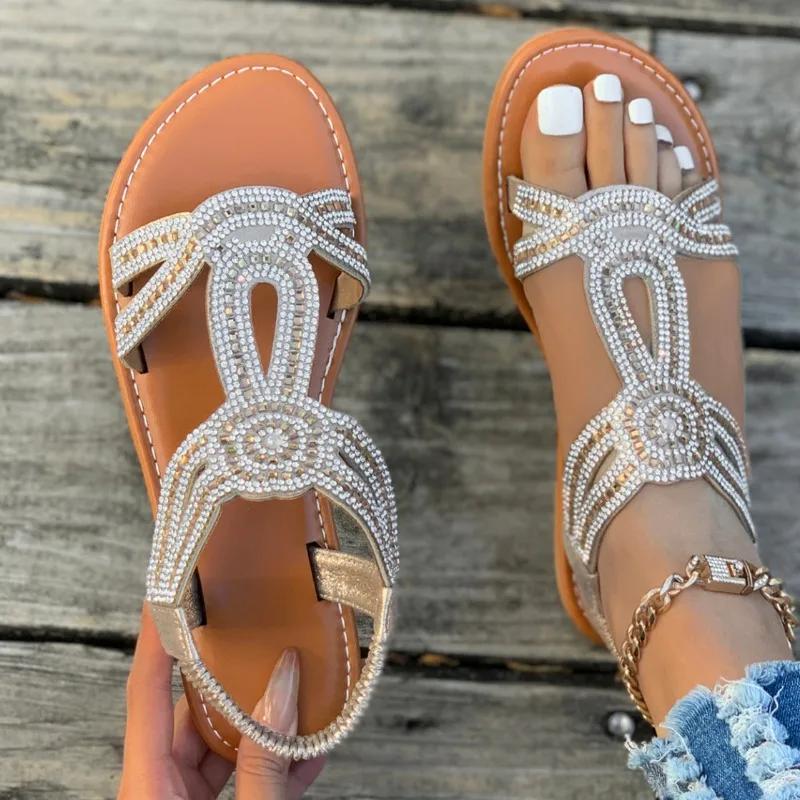 2025 High Quality Women's Shoes Elastic Band Women's Sandals Fashion Crystal Casual Sandal Swomen Summer Plus Size Flat Sandals