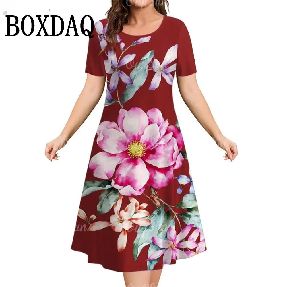 

Летние женские платья с круглым вырезом и коротким рукавом с 3D-принтом и красными цветами, свободные платья больших размеров, новое платье M