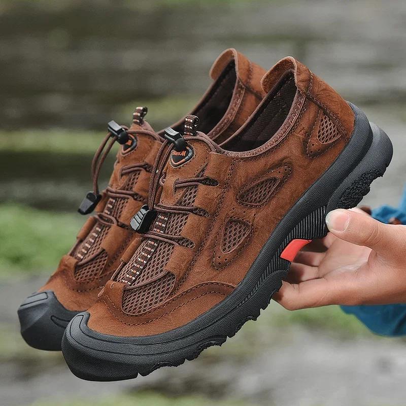 Outdoor Men Casual Shoes Genuine Leather Mens Shoe Brand Climbing Hiking Travel Shoes Breathable Man Sneakers Summer Zapatos
