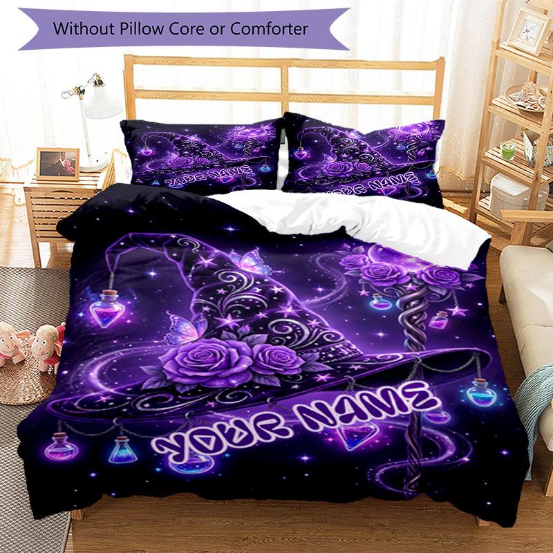 3pcs Custom Name Purple Magic Hat Bedding Set Printed Bedding Set Duvet Cover Closure Includes 1 Duvet Cover & 2 Pillowcases Bedroom Decor