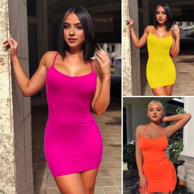2 Pcs/Set Hot Girl Dress Panties Set V-Neck Solid Color Sheath Skinny Spaghetti Strap Mid Waist Stretchy Low-cut Slim Fit Dating Vacation Mini Dress