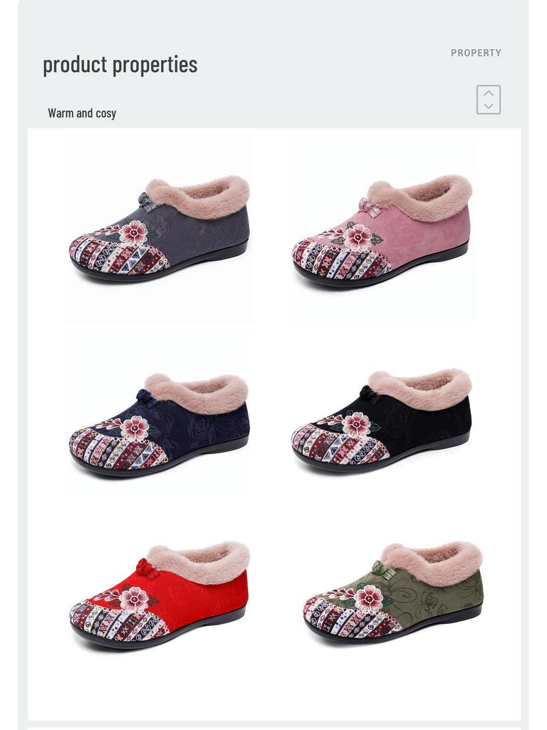 Women's Ethnic Embroidered Hanfu Cotton Shoes - Fleece Lined, Non-Slip, Warm, for Middle-Aged & Elderly.