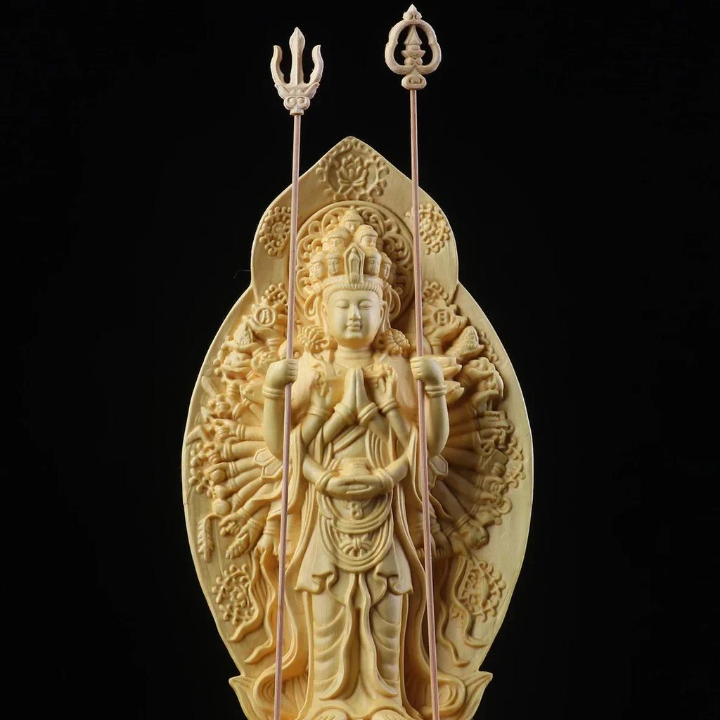 20cm Sculptură din Lemn de Merişor Guanyin cu O Mie de Mâini Feng Shui Decor pentru Casă Statuie Buddha Lemn Masiv