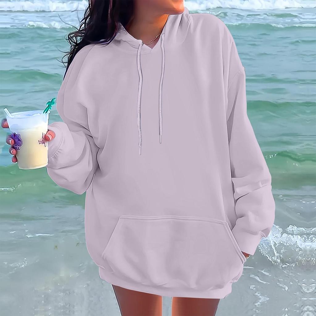 Ladies' Fashionable Casual Long Sleeved Round Neck Hooded Solid Color Hoodie With Threaded Thread