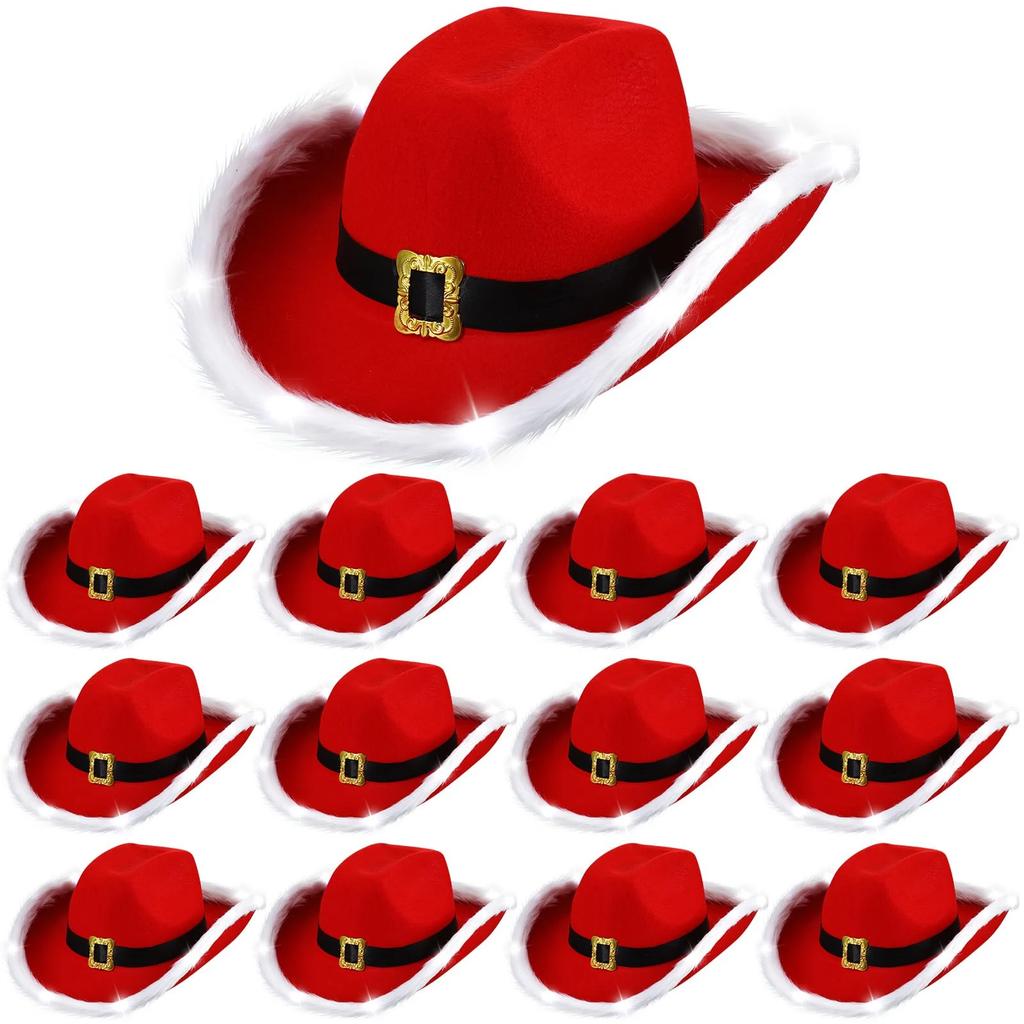 Fluffy Santa Claus Party Christmas Luminous Cowboy Hat Western Red Felt Hats Wide Brim Cowgirl Hat Jazz Hat for Women Men