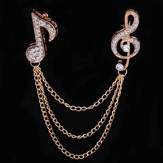 Unisex Rhinestone Musical Note Chain Tassel Brooch Pin Lapel Badge Shawl Jewelry
