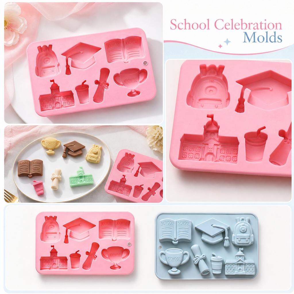 Silicone Mold for Cake Chocolate Graduation Themed Shapes Including Book Trophy Diploma Cap Backpack School Building Design