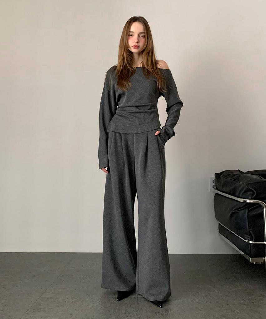 Baseukala [Set] Off-Shoulder Shirring Top + Wide Pants Set-Up (3Colors)